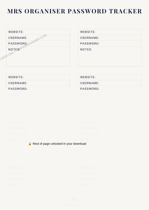Password Tracker preview - partial view, full page unlocked on purchase