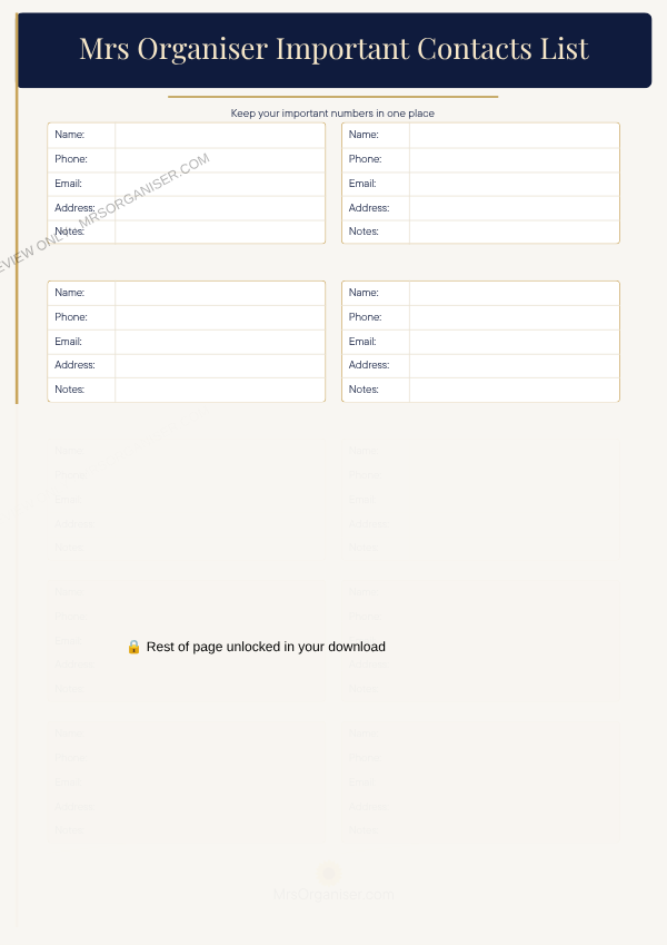Important Contacts List preview - partial view, full page unlocked on purchase
