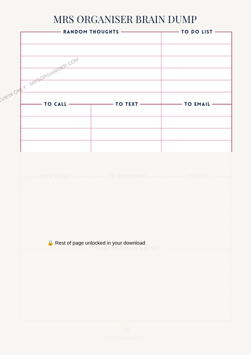 Brain Dump preview - partial view, full page unlocked on purchase