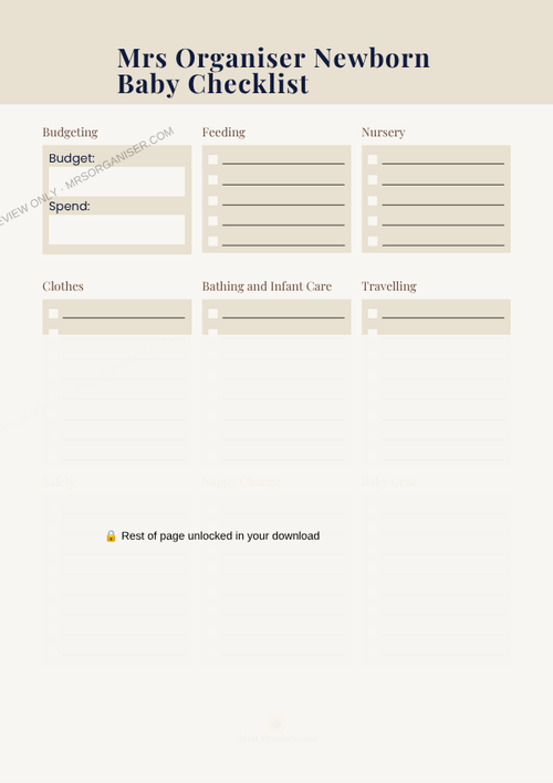 New Born Planner preview - partial view, full page unlocked on purchase