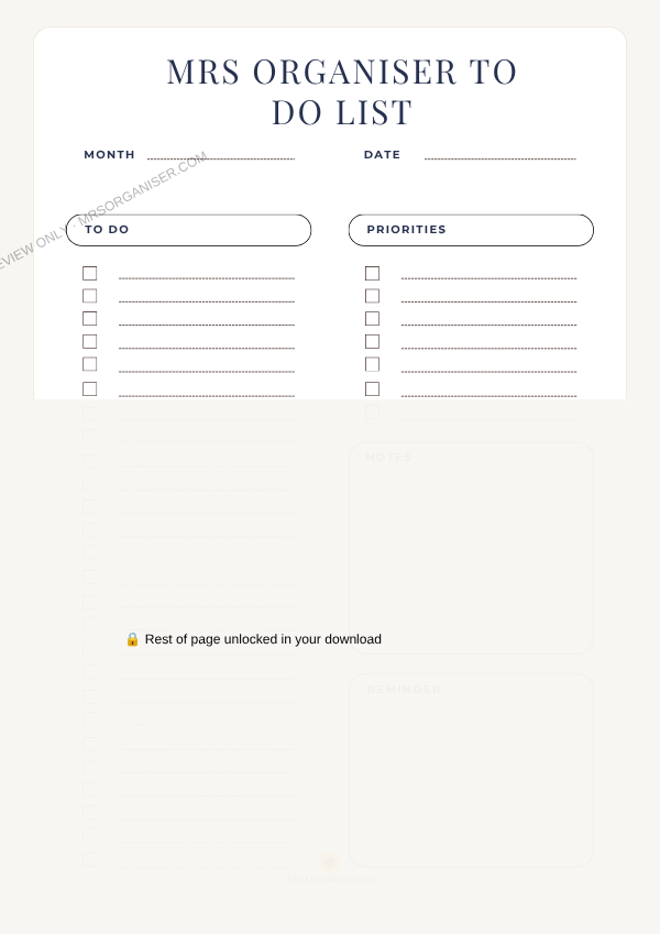 To Do List preview - partial view, full page unlocked on purchase