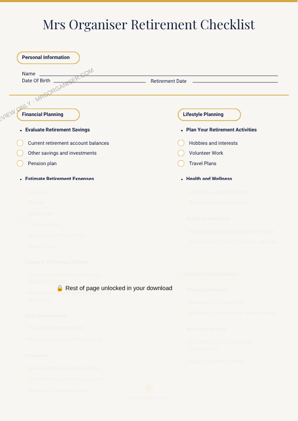 Retirement Checklist preview - partial view, full page unlocked on purchase