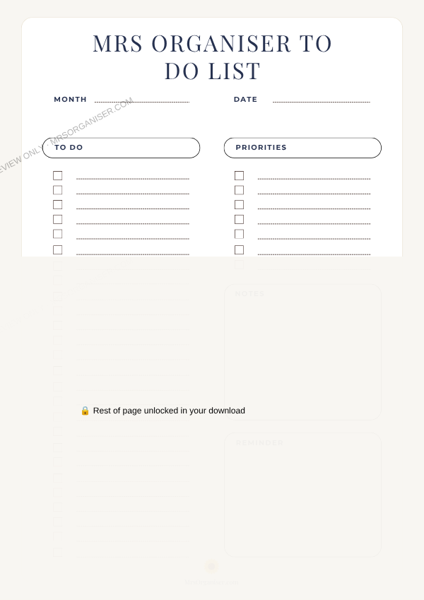 To Do List preview - partial view, full page unlocked on purchase