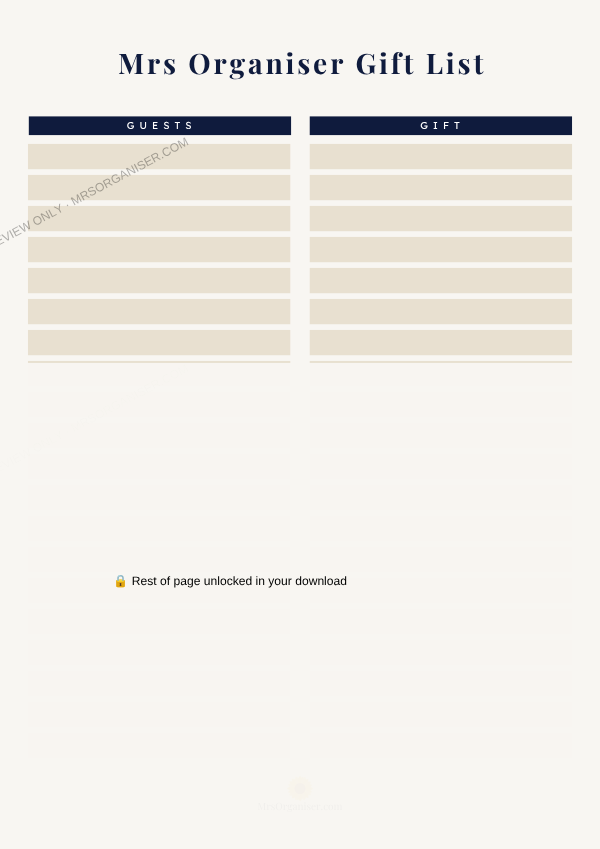 Gift List preview - partial view, full page unlocked on purchase